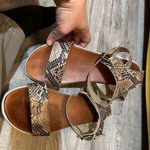 MIA Black and Brown Sandals with Snakeskin Pattern and Ankle Strap
